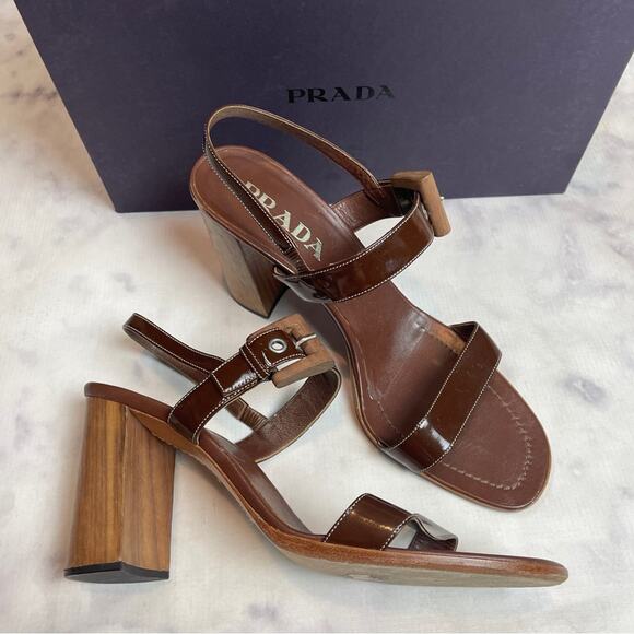 PRADA Brown Patent Leather Open Toe Wood Grain Block Heel Sandals - Picture 1 of 11